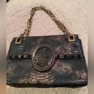Chic Black and Gold Christian Audigier Designer Handbag with Metal Link Chain